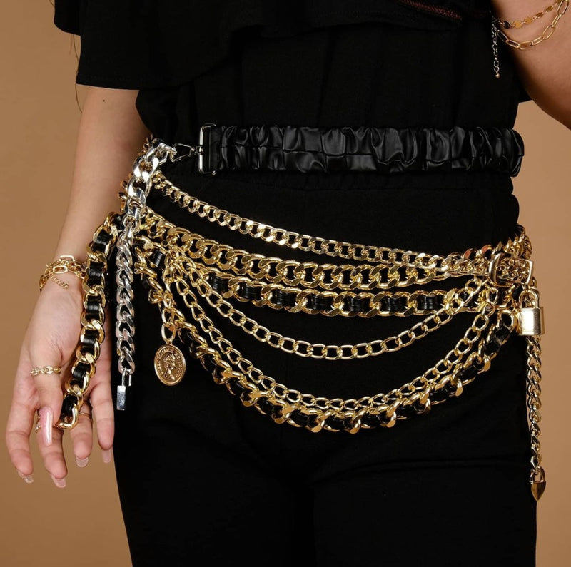 Women's Designer Leather Gold Chain Waist Belt