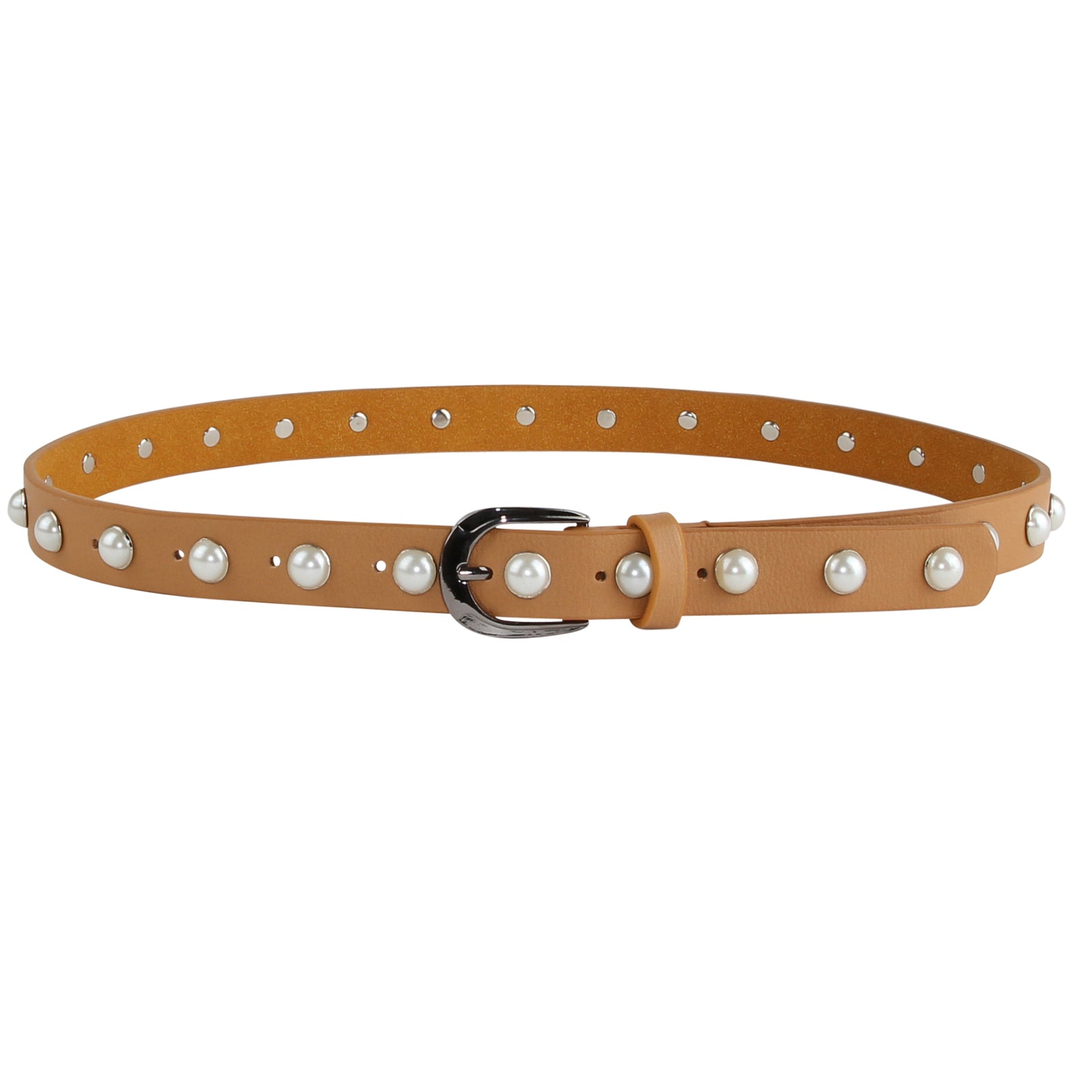 ??BEIGE PEARLS DOUBLE CIRCLES LEATHER BELT Belt Buckle / White Fresh Water Pearl main image 2