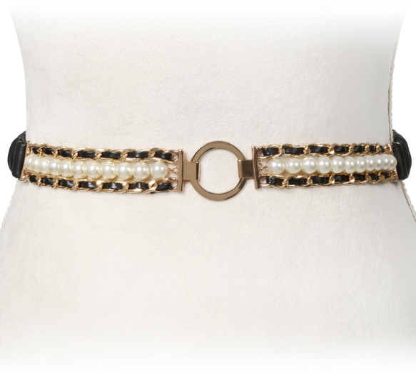 Women's Designer Pearly Chain & Leather Elastic Belt